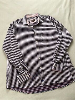 Johnston & Murphy Men's pink silver Gingham Checked Button Front Shirt Size XL